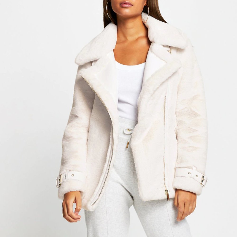 River Island Cream Faux Fur Aviator Jacket | NWT